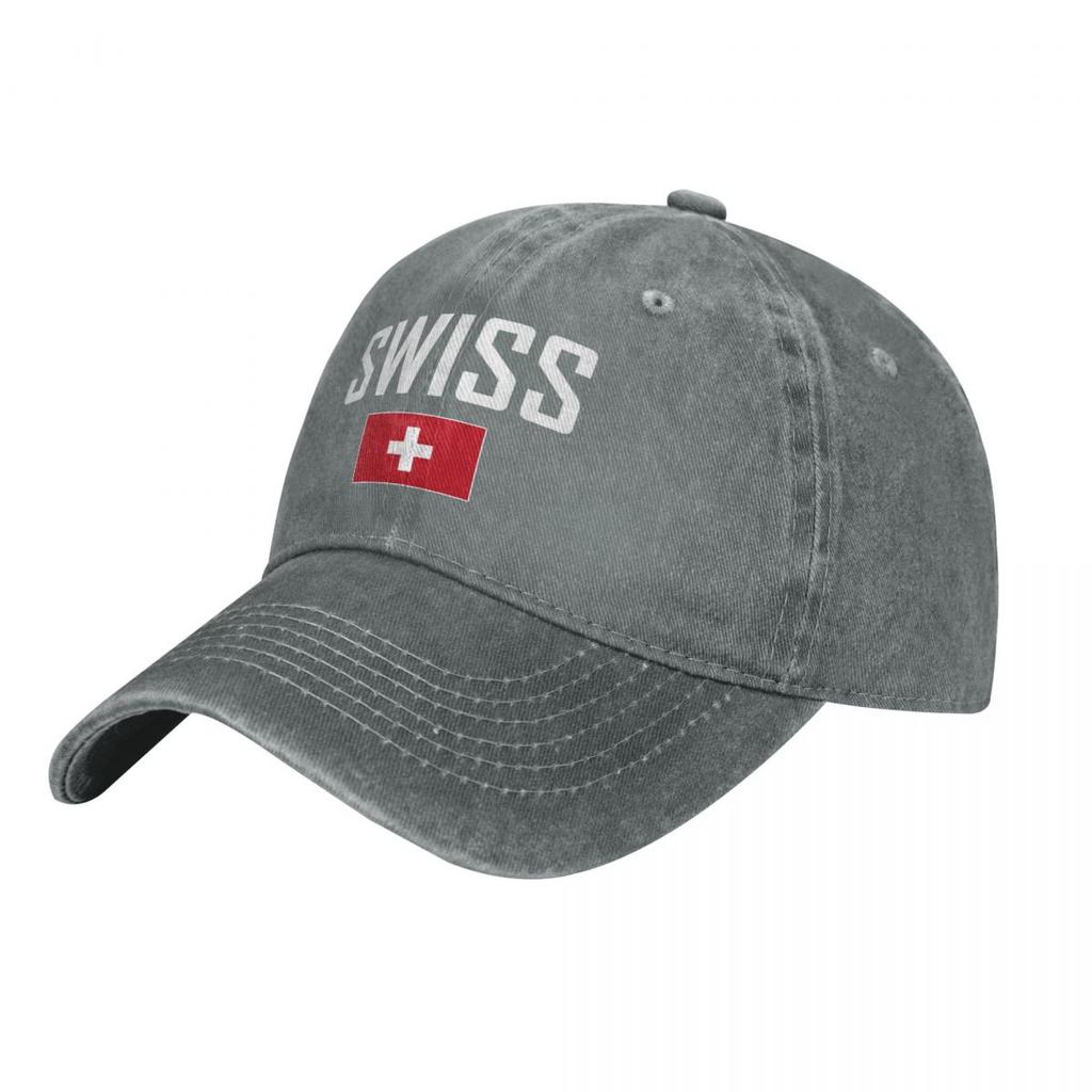 Herren Basecap Schweiz SCHWEIZER Flagge Und Schriftzug Anthrazit Gewaschener Denim Vintage Baumwolle Dad Trucker Hut