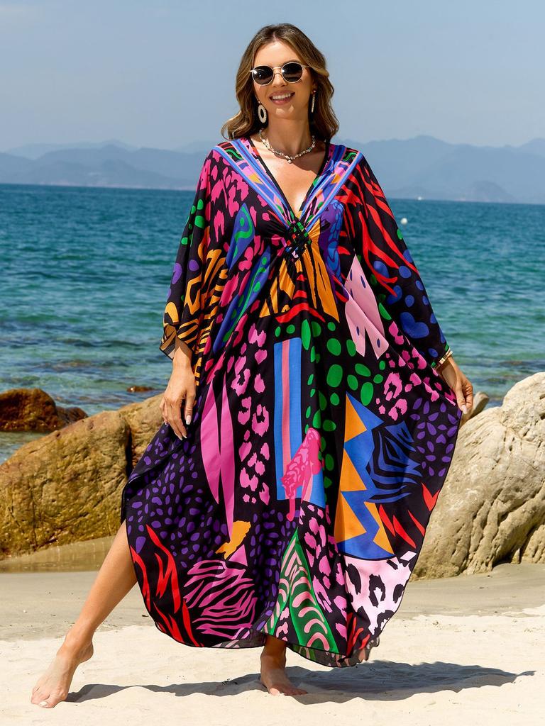 Beach Kaftans for Women Butterfly Printed Plus Size Cover Ups for Swimwear Maxi Dresses Summer Holiday Bathing Suits