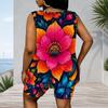 Women Plus Size Navy Blue Floral Printed Scoop Neck Sleeveless Tank Top And Shorts Two Piece Set