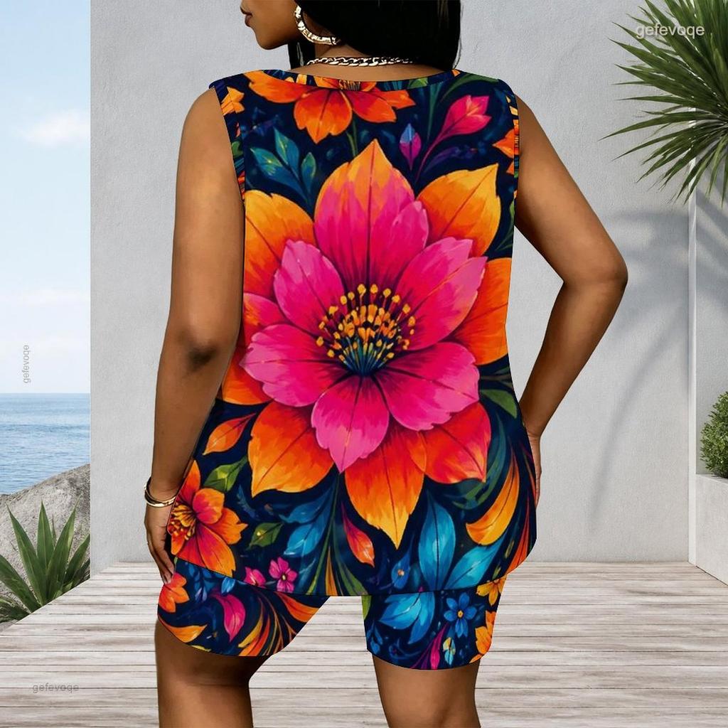 Women Plus Size Navy Blue Floral Printed Scoop Neck Sleeveless Tank Top And Shorts Two Piece Set