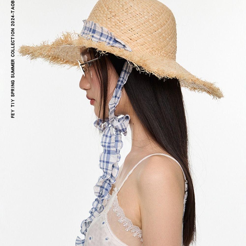 UV Protection Beach Hat Ribbon Weave Straw Cap Casual Sun Protection Cap  Vacation