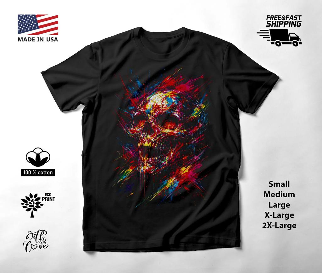 Rainbow Paint Skull Side Portrait T-Shirt Black Unisex S-2XL