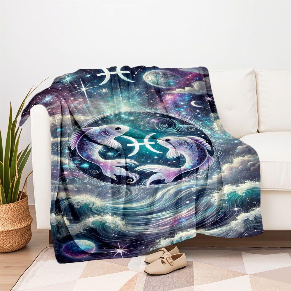 "Zodiac Pisces Art Print - Celestial Fish Wall Decor"Blanket Flannel Throw Blanket for Sofa, Bed, Travel, Camping, Office, Couch, Chair, And
