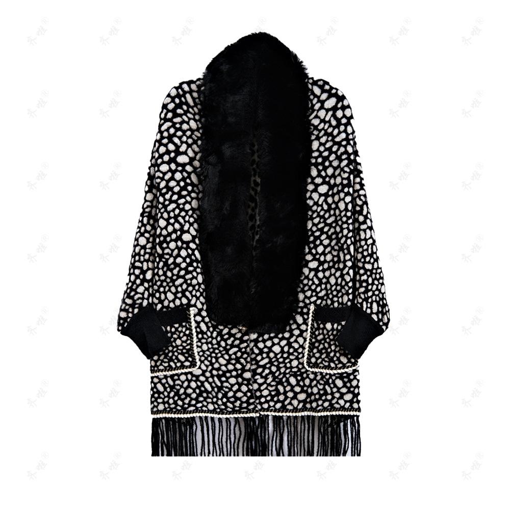 Autumn and Winter Imitation Mink Collar Pocket Sleeves Leopard Print Shawl Cape Fringed Scarf Jacket Women's Knitted Sweater