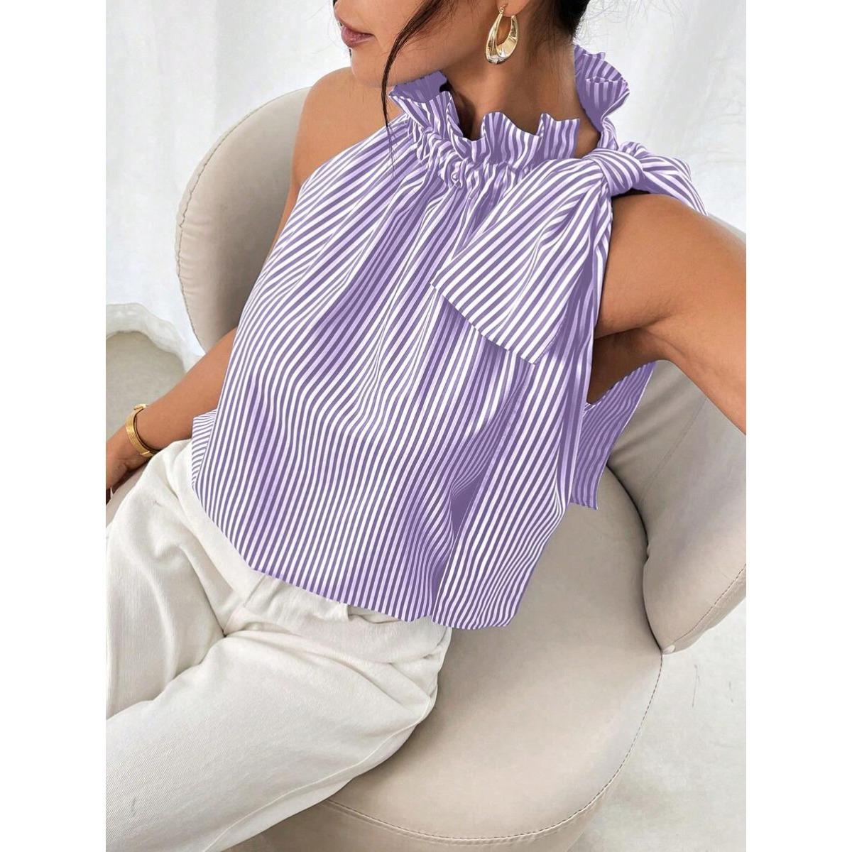 Women s Halter Sleeveless T-Shirt Regular Fit Casual Striped Ruffle Neck Tie Side Top S