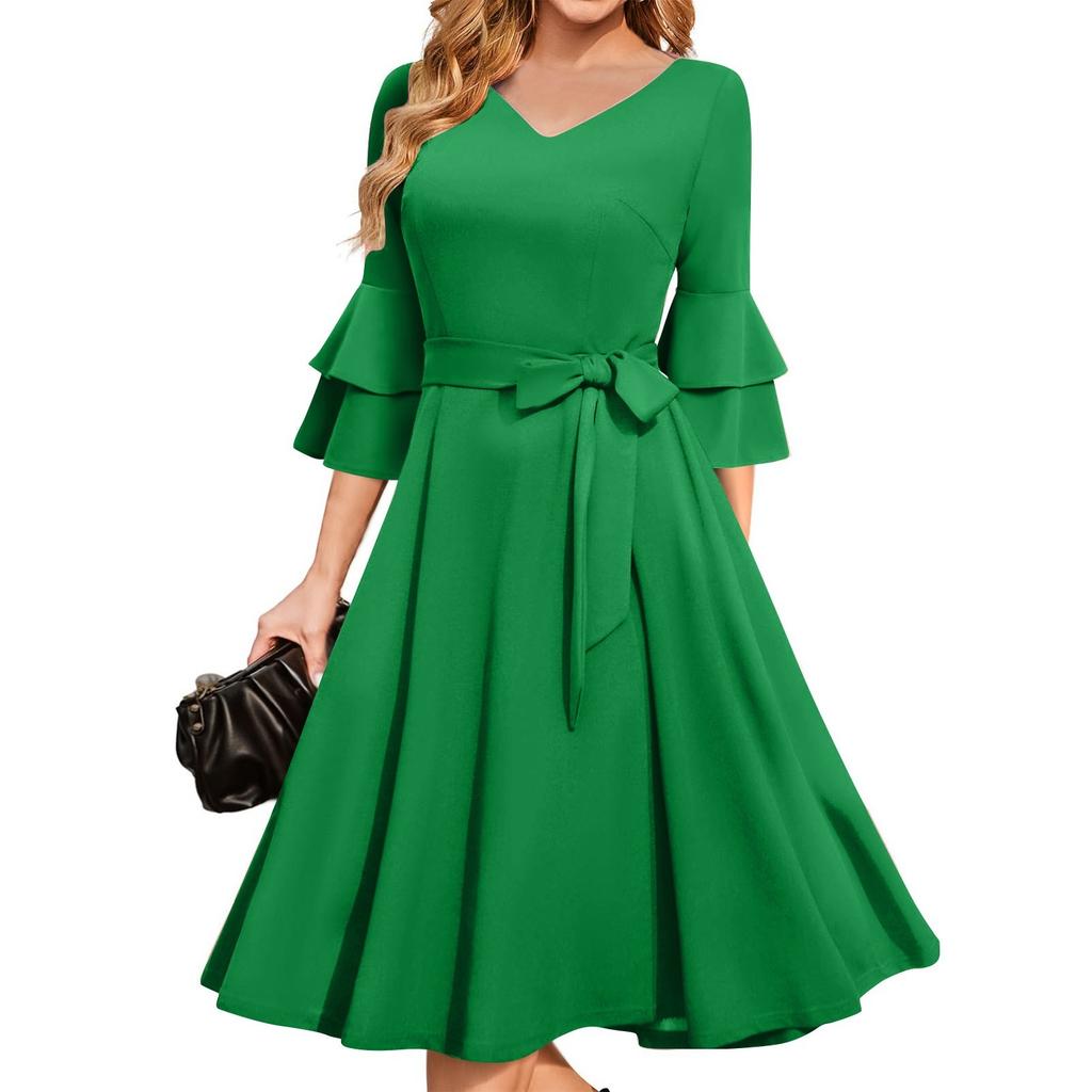 Women's Elegant Bell Sleeve Cocktail Party Dresses For Wedding Guest Fit And Flare Church Midi Evening Dress