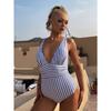 New one-piece large V-neck swimsuit women's striped backless swimsuit women's sexy fashion swimsuit