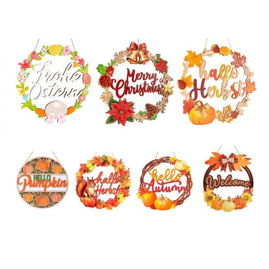 Maple Leaf Pumpkin Ornament Autumn Harvest Wooden Wreath Pendant, Front Door Hanging Ornaments with Hemp Rope, Natural Wood Seasonal Sign Pumpkins