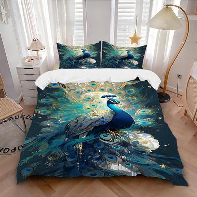3pc Peacock Feathers Cover Set - 1 Quilt Cover + 2 Pillowcases, All Seasons Bedroom Setting, Perfect for Home017