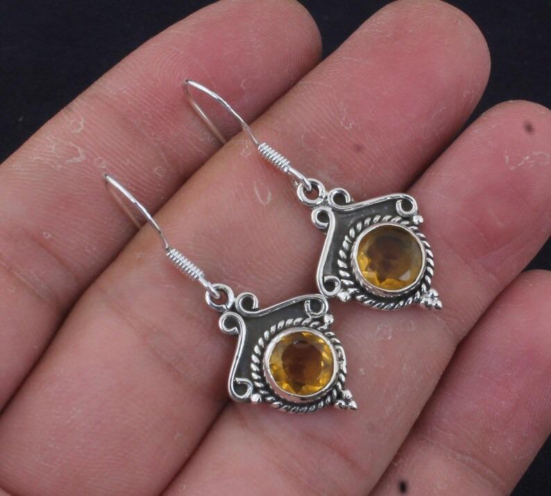 Solid 925 Sterling Silver Citrine Gemstone Drop Earrings Women Boho Earrings Gift For Her Anniversary Gift For Her