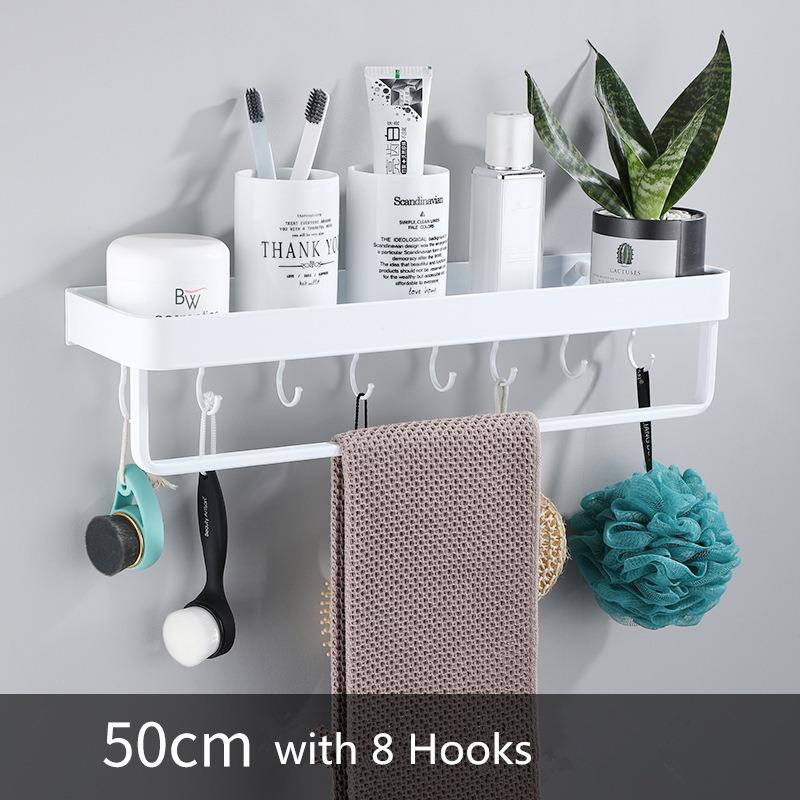 Étagère de salle de bain Étagère de douche avec barre porte-serviettes Blanc Étagère d'angle 30-50CM Fixation murale Aluminium noir Porte-rangement de cuisine