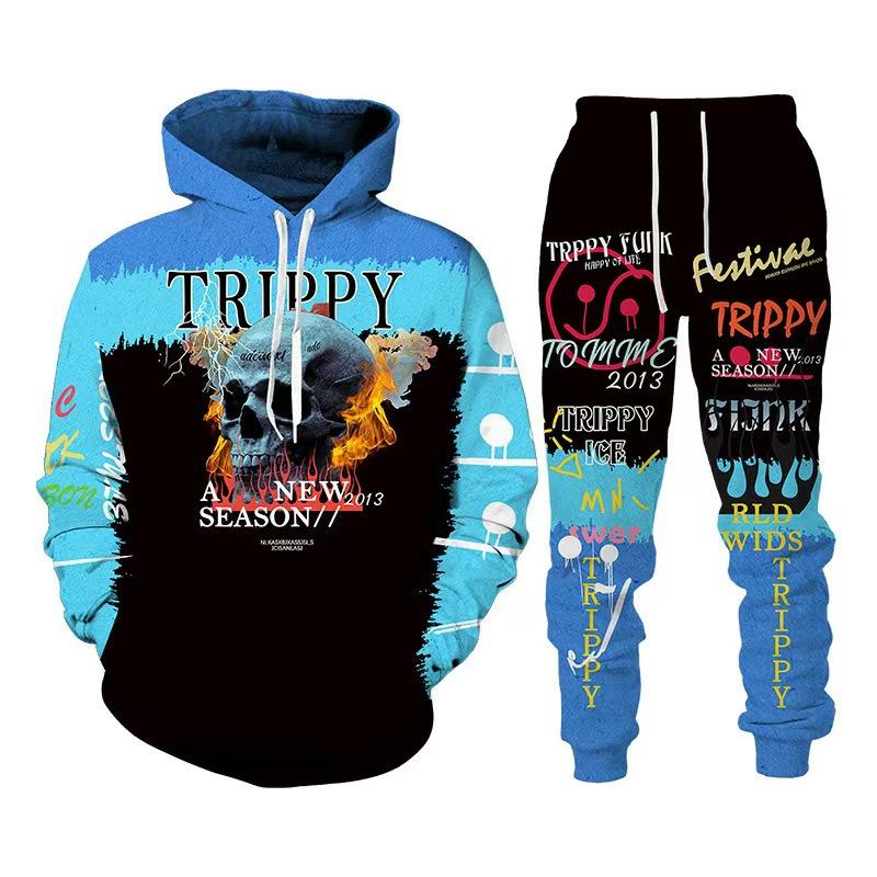 Hot Sale, Stylish 3D Skull Print Punk Sportswear, Pants Hoodie Couple Suit Street Trend