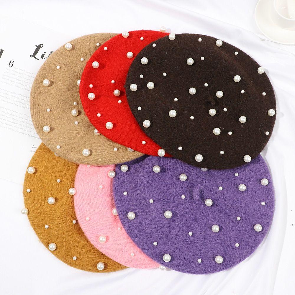Women Girls Casual Elegant Warm Painter Hats Pearl Wool French Cap Beret Hat