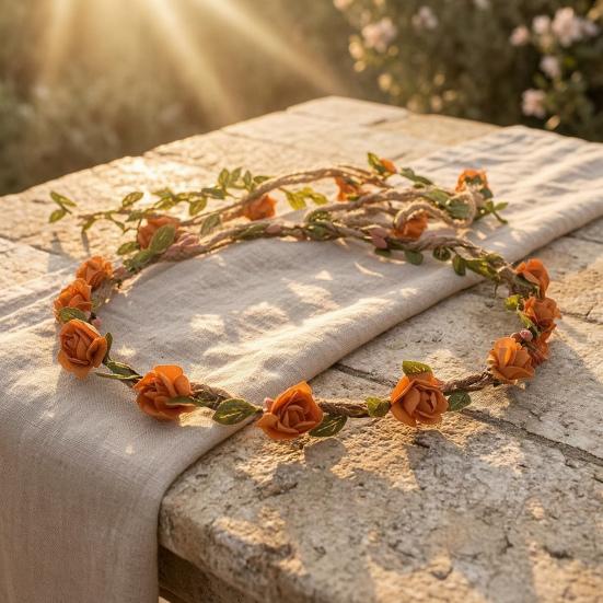 Couronne de Fleurs Roses avec Liane de Cheveux Bandeau Floral Bohème Couronne Florale Hawaïenne Couronne Florale de Fête pour Mariage Photos de Vacances à la Plage