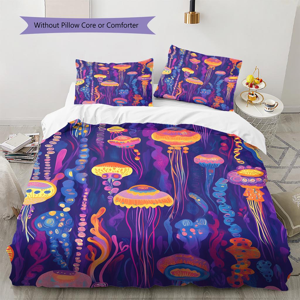 Colorful jellyfish  Pattern Bedding Quilt Set Quilt Cover Pillowcase Home Decoration  Gift (1 * duvet cover + 2 * pillowcase, without core)
