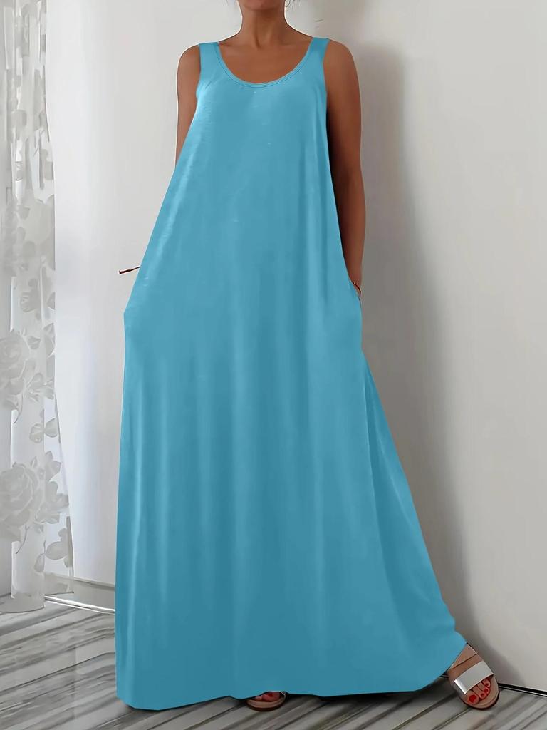 Plus Size Summer Solid Color Dress with Side Pockets (European and American Style)