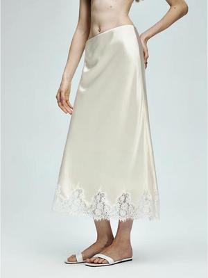 Glänzender Satin-Spitzenbesatz Französische Spitze Midi A-Linien-Rock mit elastischem Bund