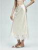 Glossy Satin French Lace Trim Midi A-line Skirt with Elastic Waist