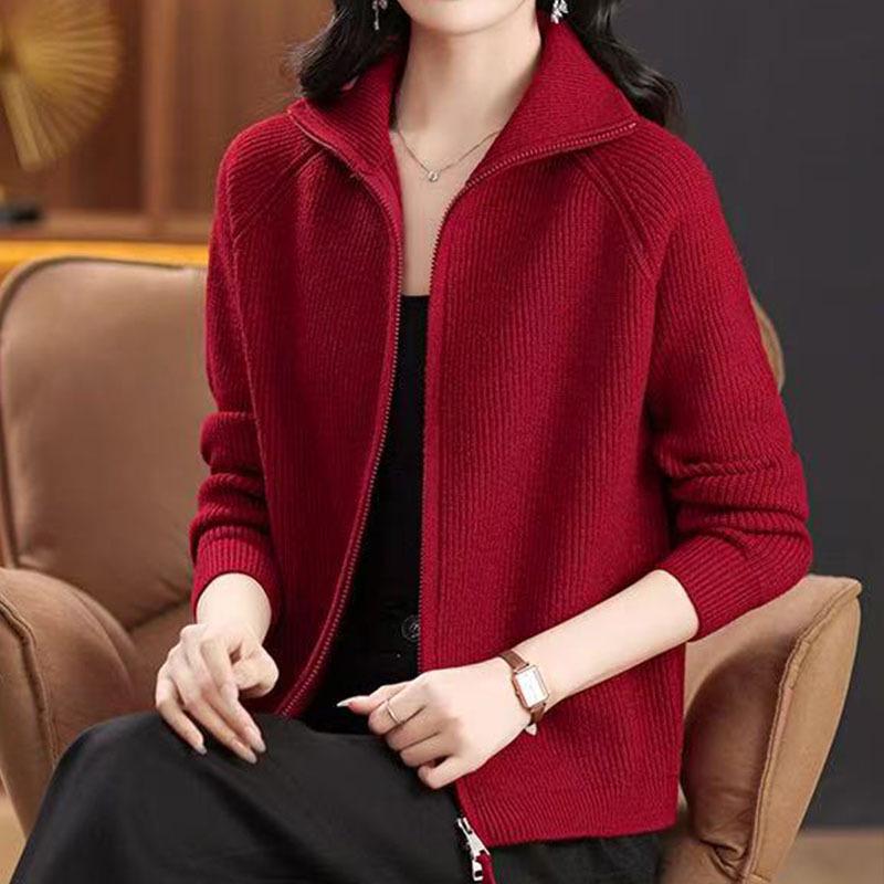 

Women s Autumn/Winter 2025 Turn-Down Collar Double Zipper Wool Cardigan Coat - Fashionable Outerwear for Moms Small