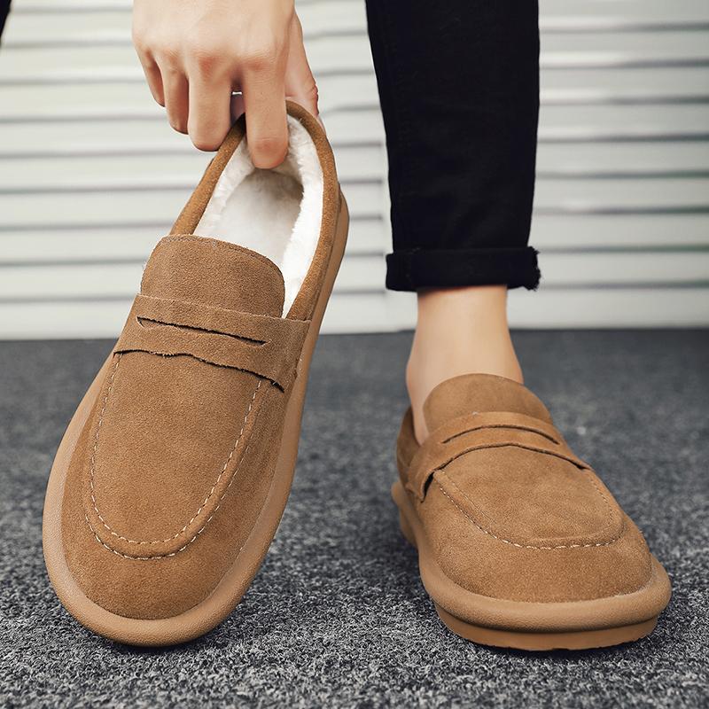 New Men'S Loafers Winter Shoes Warm Fleece Slip On Low Top Snow Boots Plush Flats Indoor Outdoor Fur Lined Casual Shoes