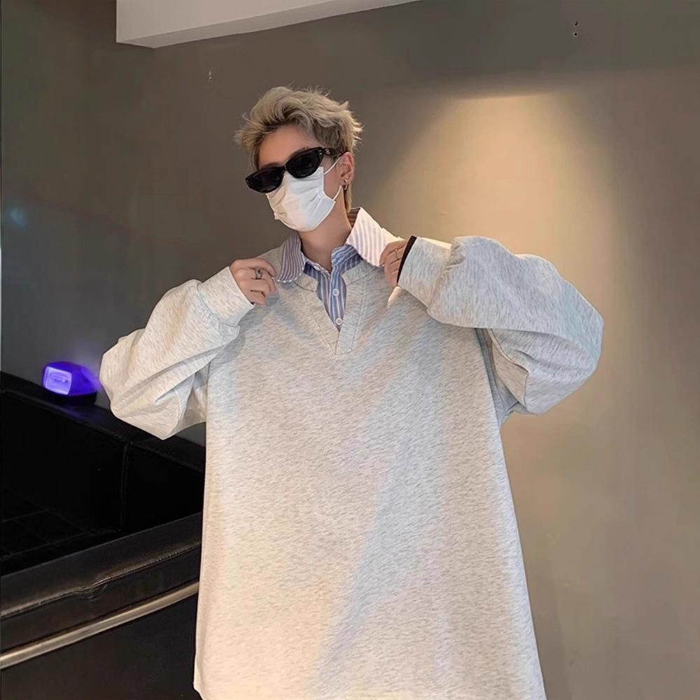 2025 Fashion Retro Fake Two-piece Splicing Lapel Sweater Men's Autumn Trendy Brand Loose Pullover Top