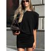 Spring Latest Solid O-Neck Short Sleeves Ruched Slim Mini Dress Women'S Fashion Casual Clothes Party Club Street Outfit