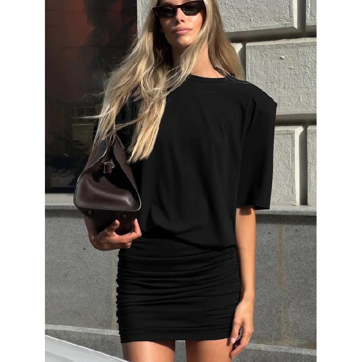 Spring Latest Solid O-Neck Short Sleeves Ruched Slim Mini Dress Women'S Fashion Casual Clothes Party Club Street Outfit