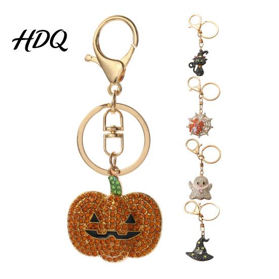 Halloween Pumpkin Keychain Rhinestone Keychain Ghost Witch Hat Spider Web Cat Bag Charm Car Key Ring for Handbags Backpacks Decoration Metal