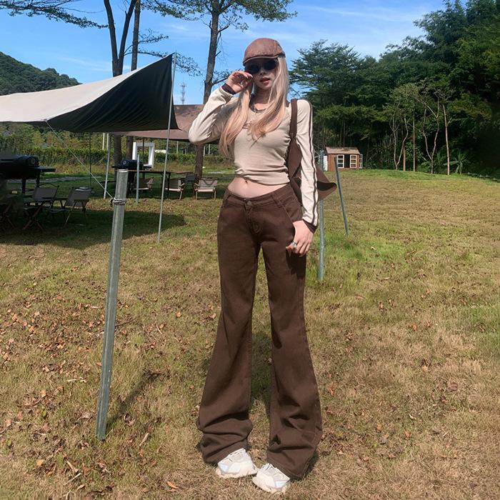 American retro low-rise brown flared pants slim-fitting and thin autumn and winter jeans women's & trousers extended