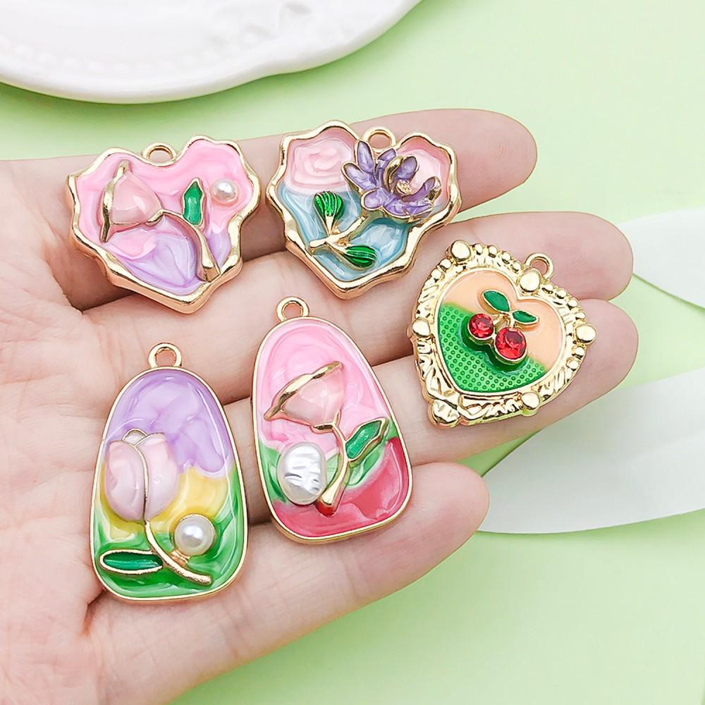 Heart & Flower Pendant Charms: Mixed 6 Colors Oil Drip Alloy for DIY Jewelry