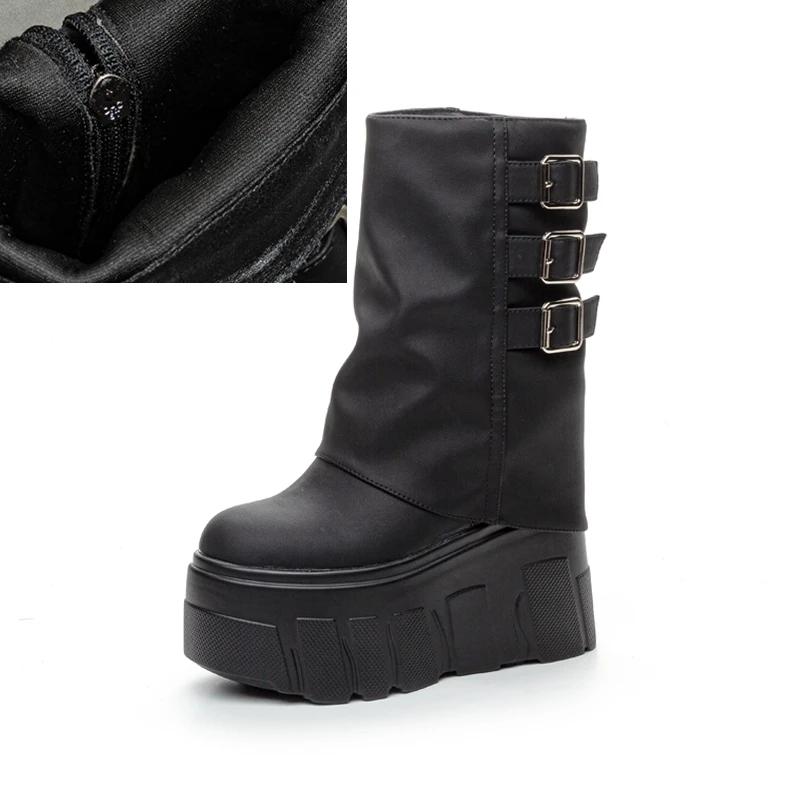 Kalhotové kozačky Dámské Podzim Zima Tenký Fleece Dámské Kotníkové Boty Vysoký Podpatek Platforma Přezka s Páskem Trend Dámské Kozačky