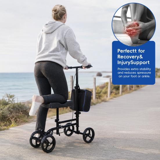 Adjustable Knee Walker Portable Scooter with Hand Brake, Foldable Lightweight Leg Comfortable Mobility Device for Foot & Ankle Injuries, Crutch