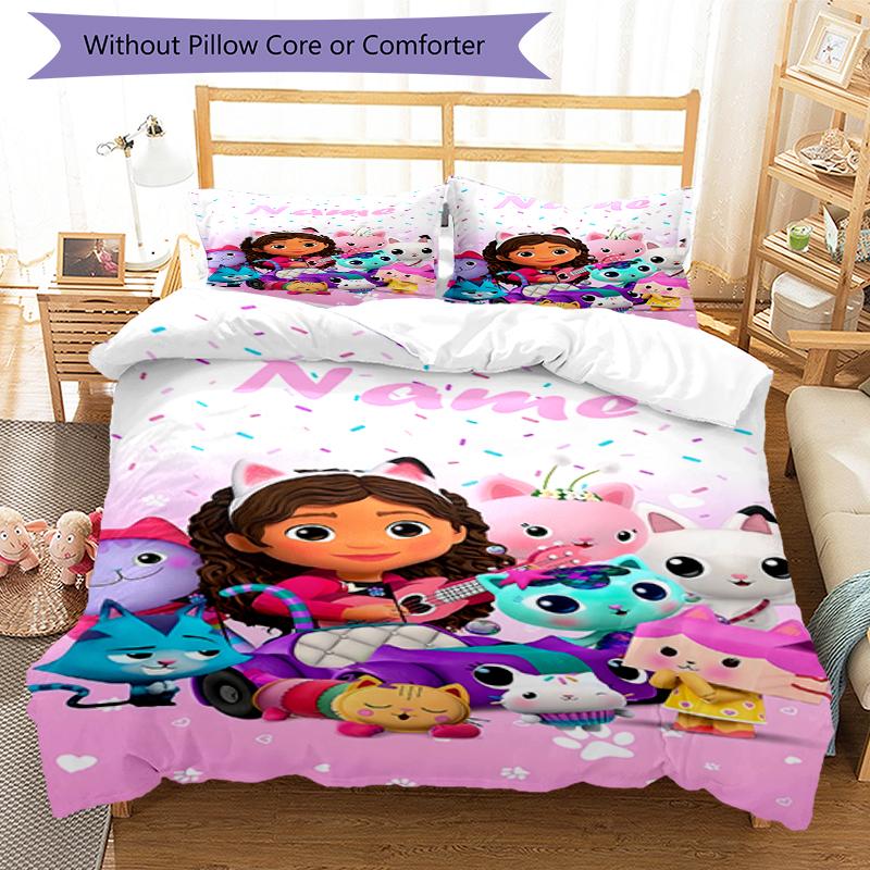 3pcs Custom Name Gabby's Dollhouse Bedding Set Duvet Cover Closure Includes 1 Duvet Cover & 2 Pillowcases, Soft and Comfortable for All Seasons.