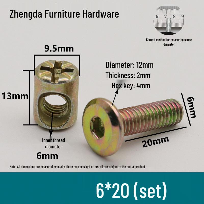 M6 Furniture Hardware: Crib & Bookcase Screws with Cross Hole Nuts, Countersunk Head Screws, Hammer Head Nuts.