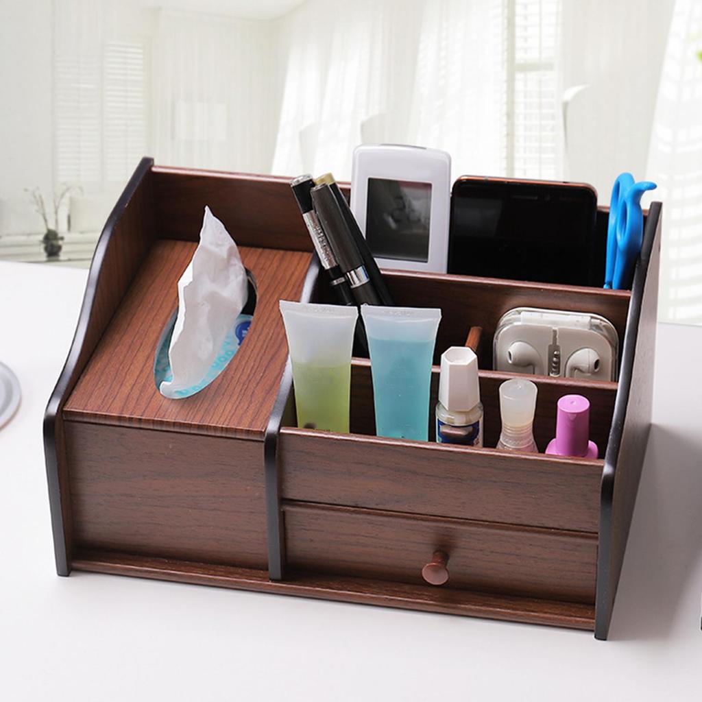 Wood Desk Organiser with Drawer, Wooden Desktop Organizer Tissue Box Holder for Living Room Bedroom