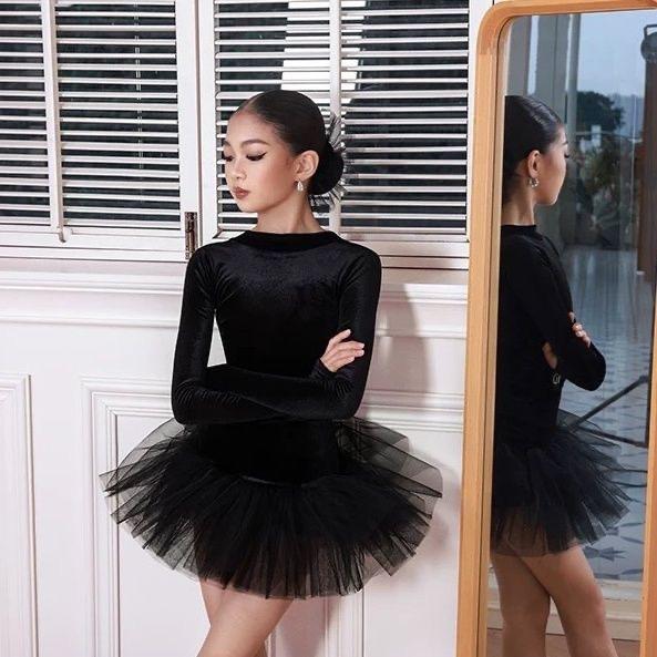black long sleeve latin dance dress dance suit tutu latin american dance dress girl Line dance clothing dance wear suit