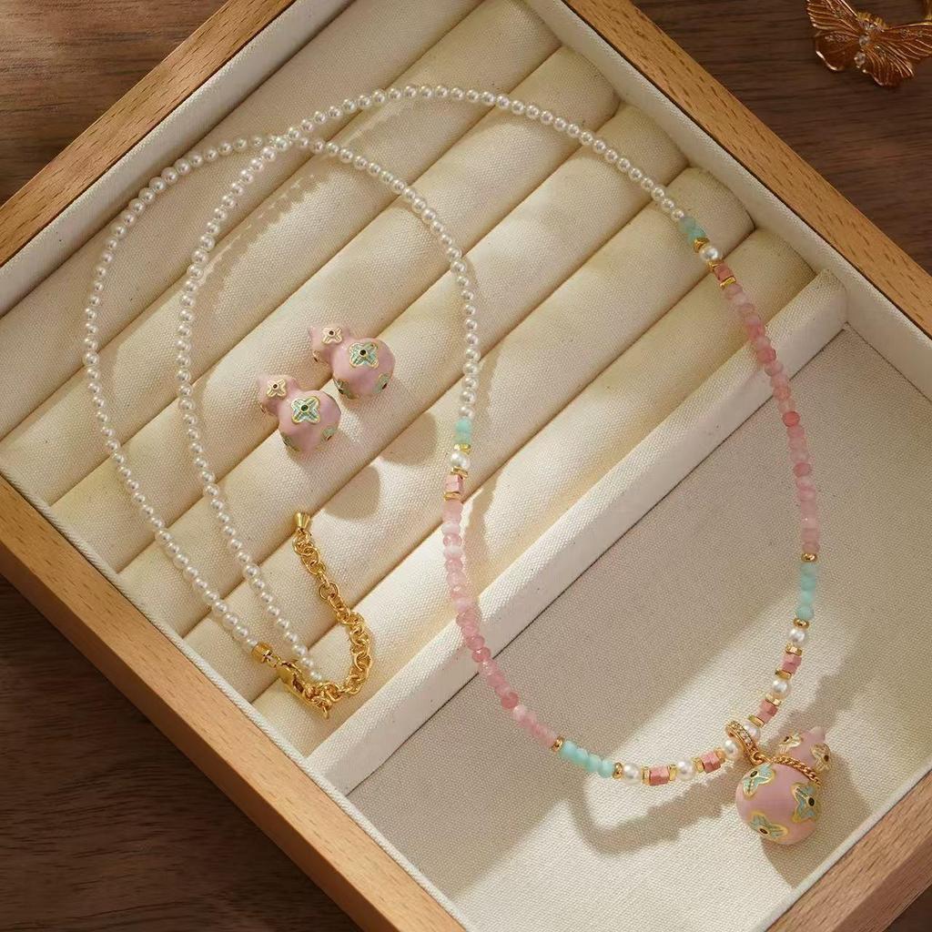 Colorful Enamel Drip Glaze Gourd Pearl Necklace – Women's Luxe Beaded Long Sweater Chain