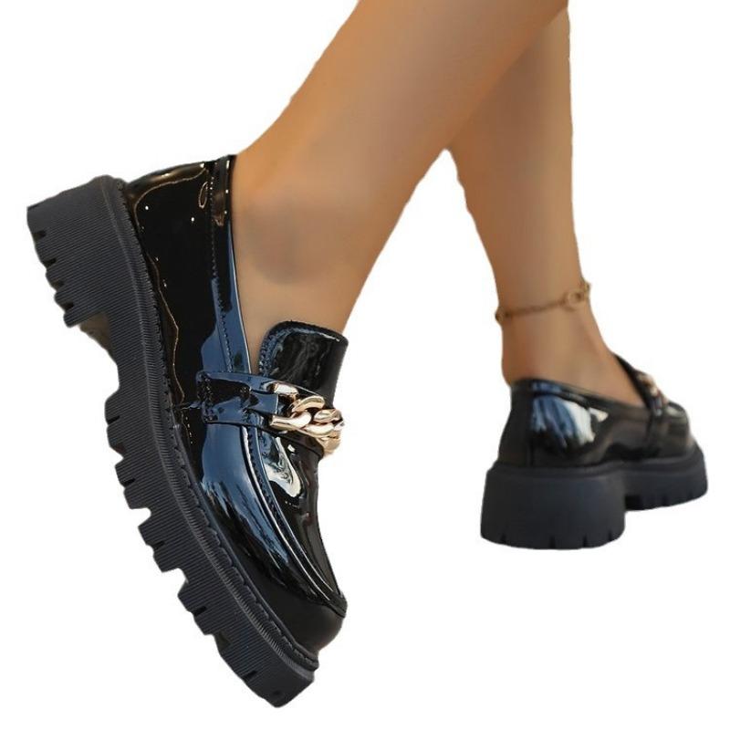 Fashion 2025 Female Shoes Women Fashion Mary Janes Round Toe Flats Loafers Oxfords Platform Casual Metal Chain Buckle Ladies Heels Black