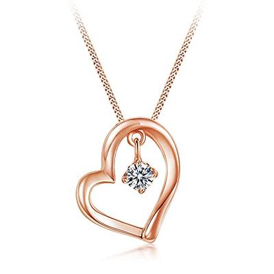 [Free Bird] Women's Heart Necklace, Premium Quality 5A Cubic Zirconia, Pink Gold Pendant, Sterling Silver 925, Perfect for Birthdays, Valentine's Day,