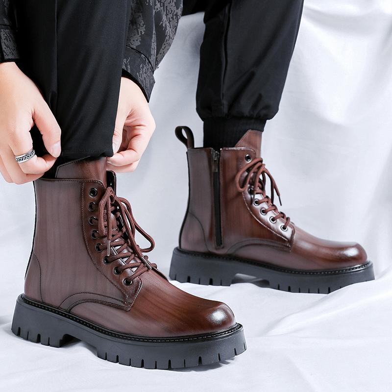 Fashion Mens Genuine Leather Footwear Metal Zipper Male Motorcycle Boots Lace-Up Casual Ankle Boots Outdoor Warm Plush Fur Winter Shoes