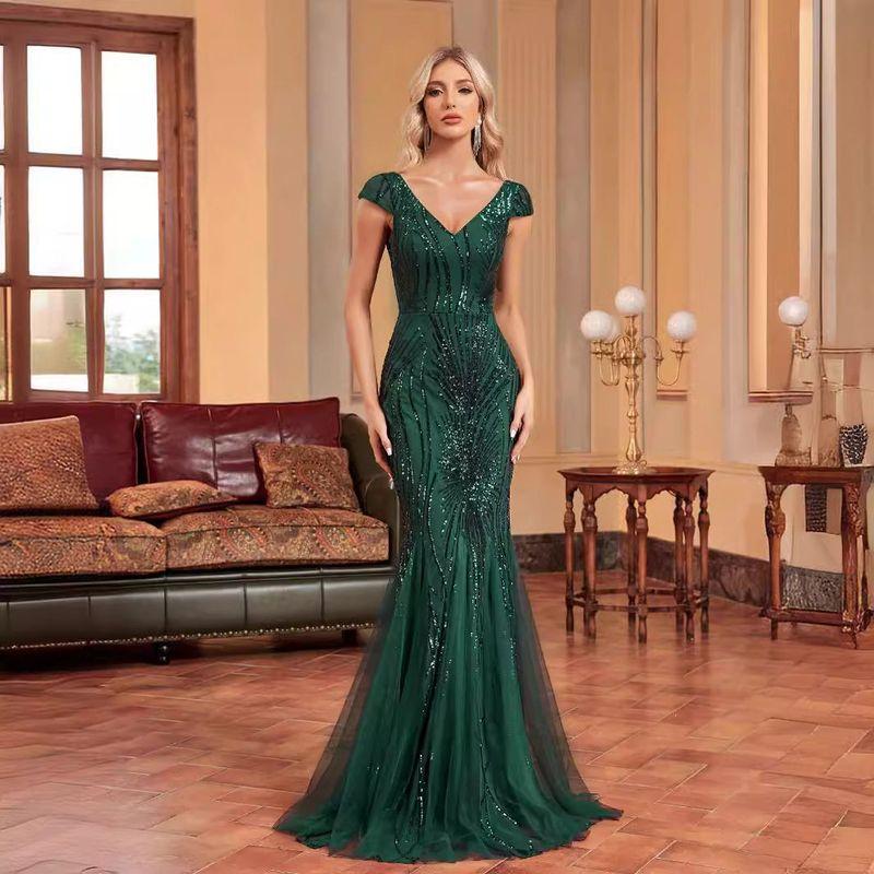 European and American New Style Slim Fit Fishtail Sequin Dress Long Bridesmaid Banquet Evening Dress Women's Party Dress Blue