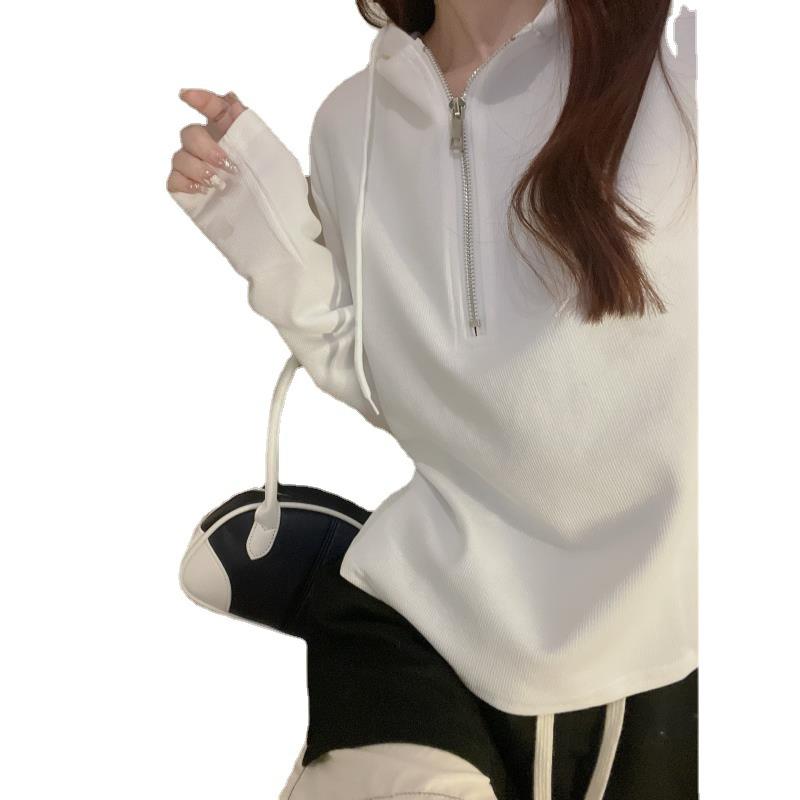 Autumn New Korean Version Simple Solid Color Design Sense Niche Women'S Zipper Pullover Hoodie Women'S Short Style Top