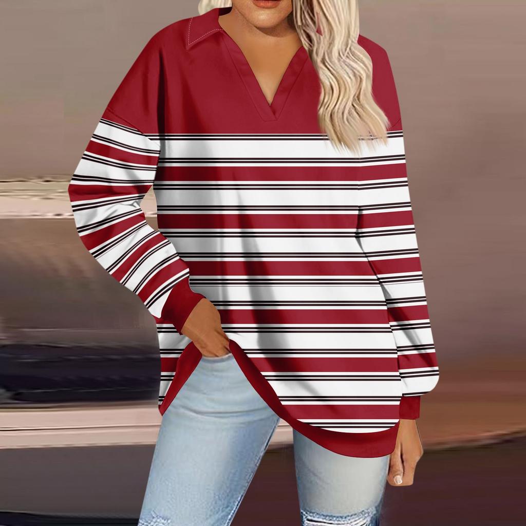 Printed Stripe Fashion Womens V Neck Long Sleeve Loose Pullover Sweatshirt Top
