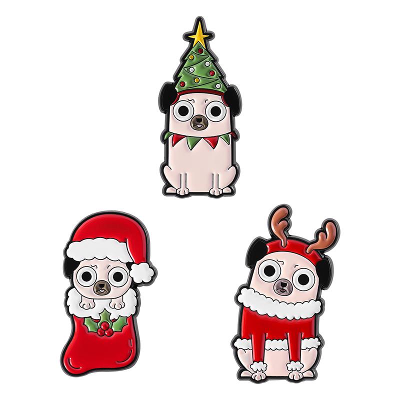 Puppy Christmas Dressup Enamel Pins Custom Christmas Tree Brooches Lapel Badges Clothes Animal Jewelry Gift for Kids Friends