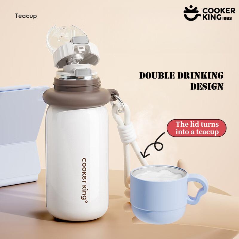 COOKER KING 480ML Children's Thermos Cup 316/304 Stainless Steel+PP Straw Cup with Carrying Rope Waterbottle for School Use