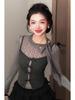 Korean Lace Patchwork Long Sleeve Crop Top Set for Women - Early Autumn/Winter Style