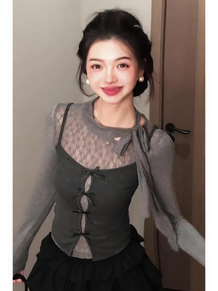 Korean Lace Patchwork Long Sleeve Crop Top Set for Women - Early Autumn/Winter Style