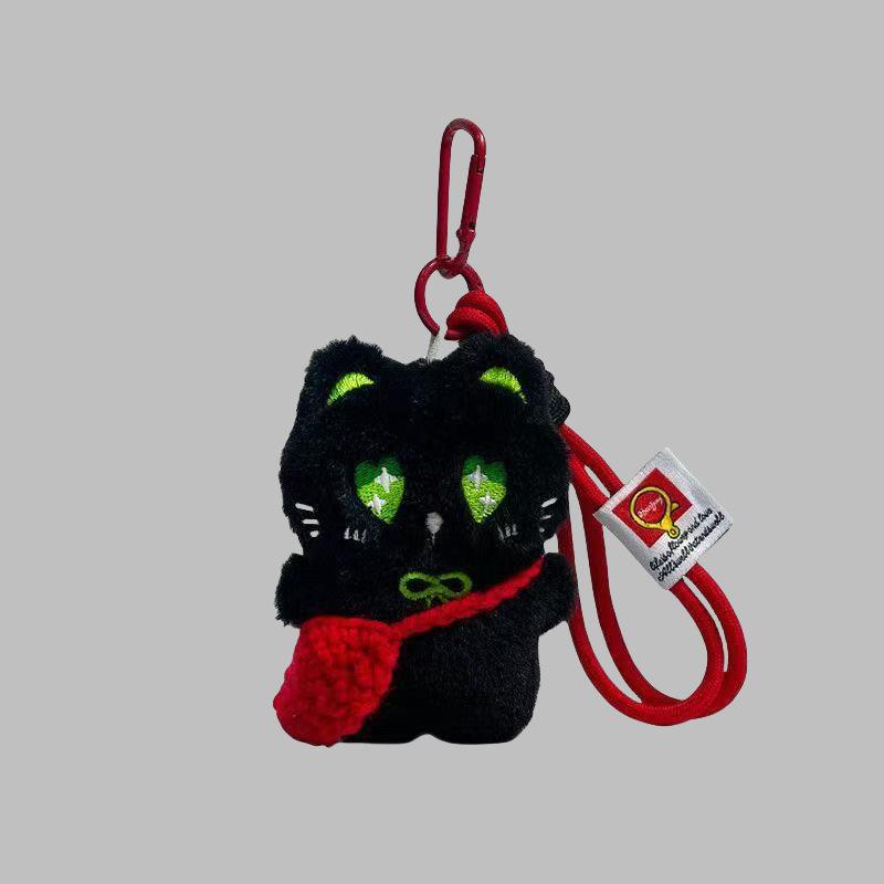 Cute Plush Green-Eyed Little Black Cat Woven Satchel, Hand Strap, Keychain, Cat Pendant, Pendant, Backpack Pendant.