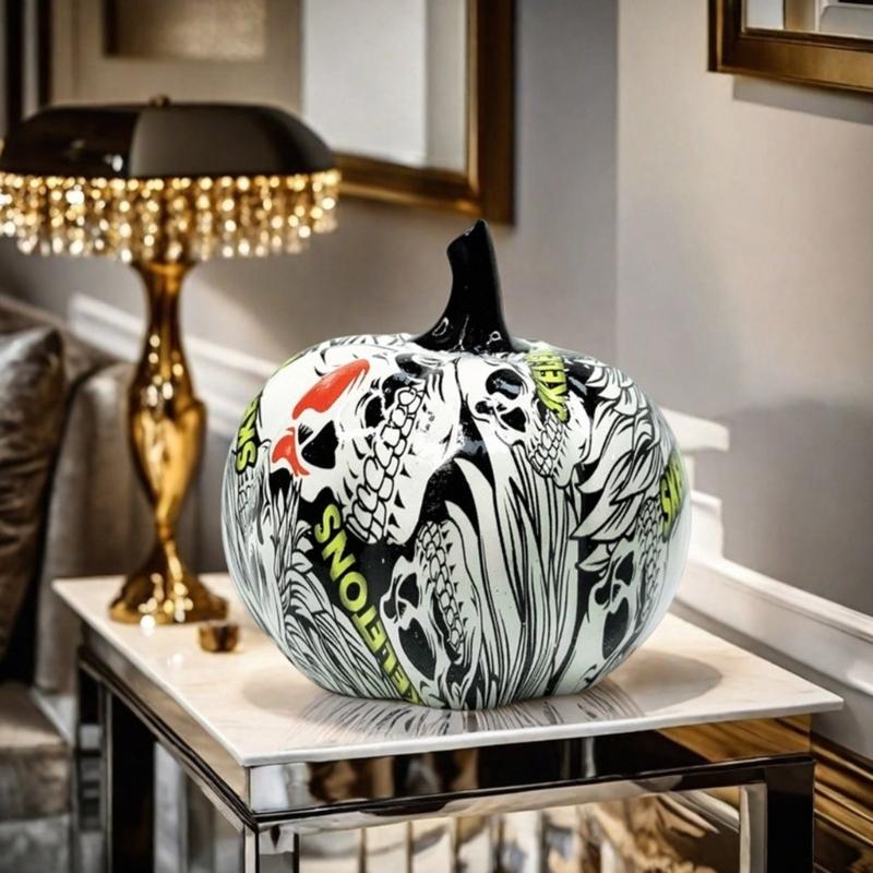 Hall Cabinet Skull Pumpkin Figure with Paint Pattern for Holiday Indoor Shelf Table Room for Mantels Entryway and Home