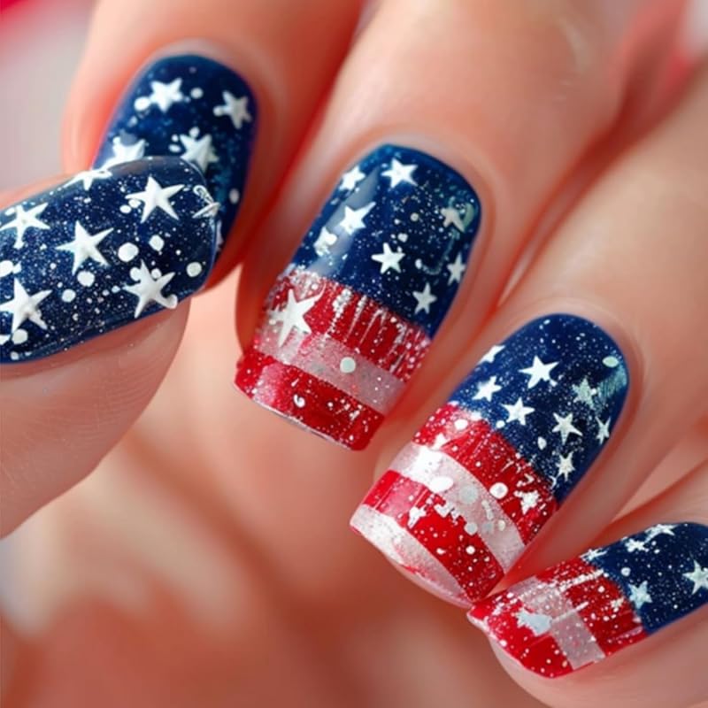 4th of July False Nails Short Square Independence Day Press on Nails American Flag Glue on Nail with Star Stripe Design Glossy Patriotic Acrylic Fake Independence Day Design 1